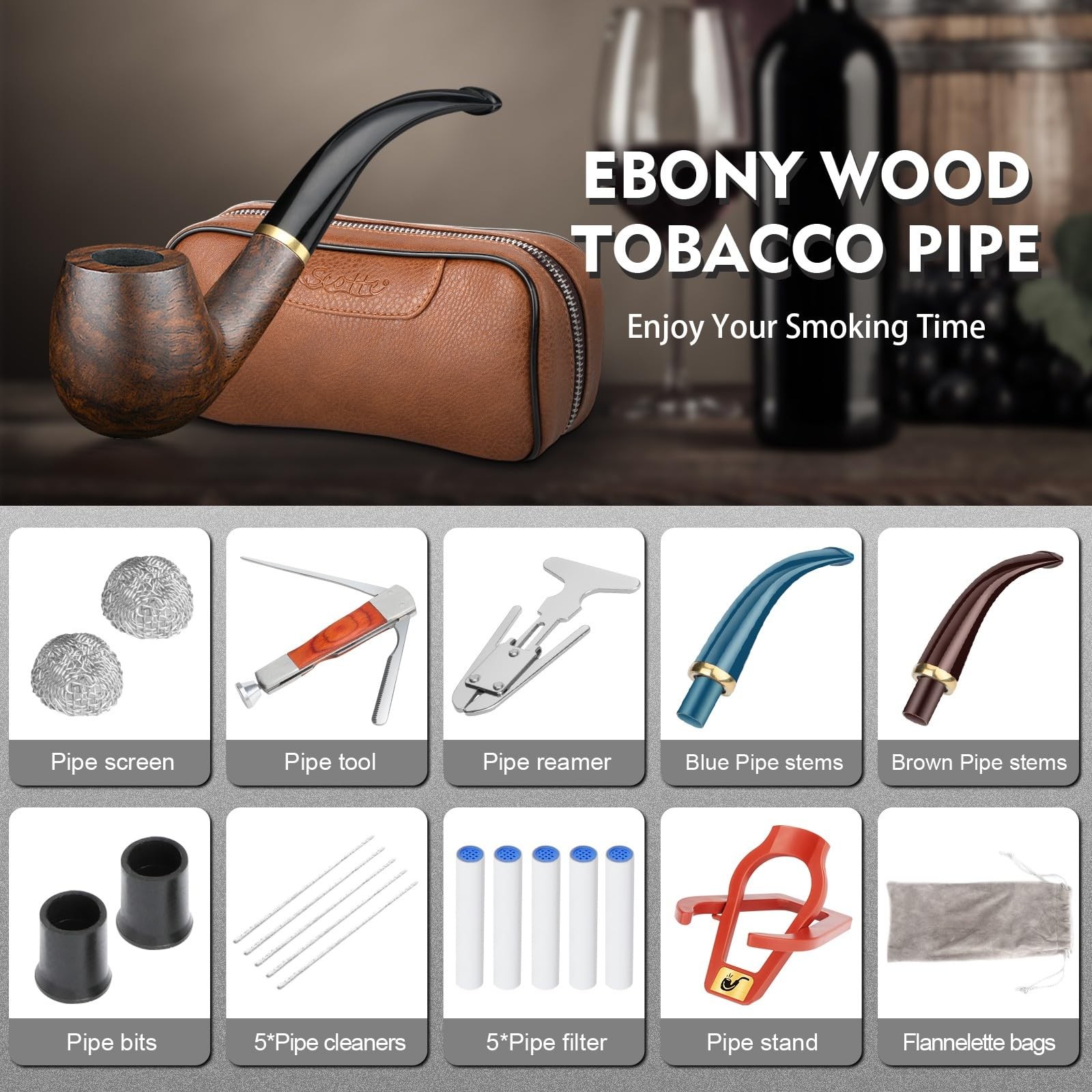 Scotte Handmade Pipe Set, Leather Pipe Pouch, Wood Pipe and Accessories (Scraper