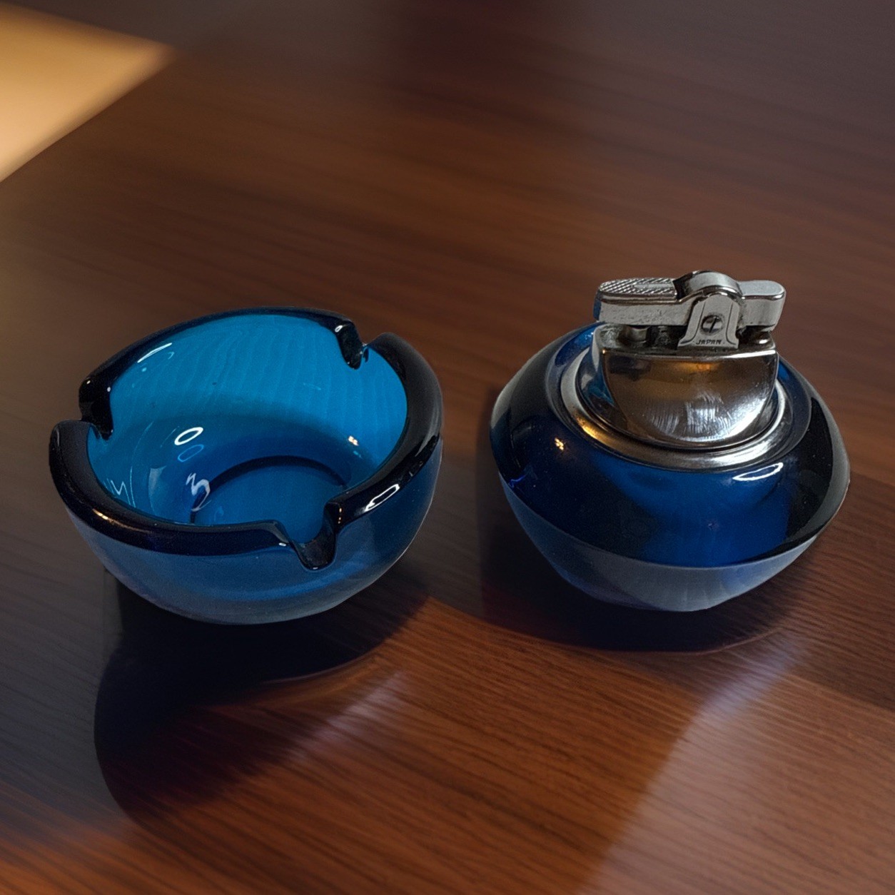 Vintage Colbalt Blue Tabletop Lighter & Ashtray
