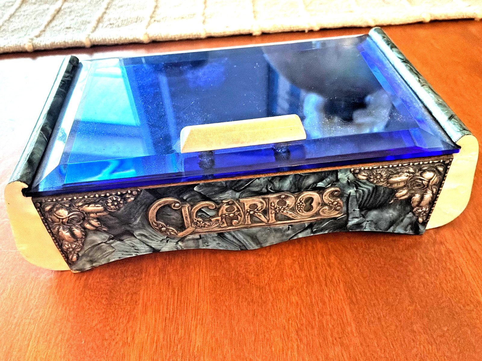 MCM 1960’s Blue Glass Top Table Humidor/ Cigarette Box Marked CIGARROS “RARE”
