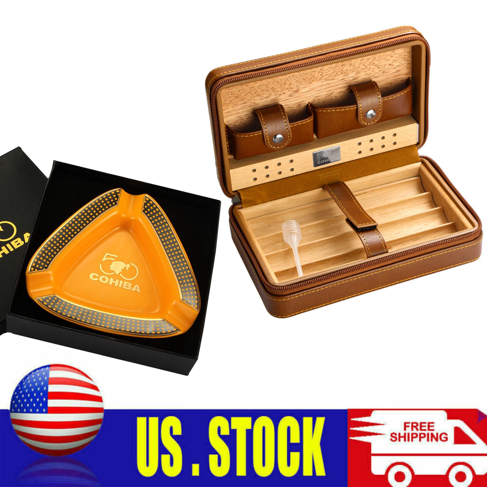 Portable Cigar Humidor Brown Vintage Leather Cedar Wood Case 4 Cigars Ashtray
