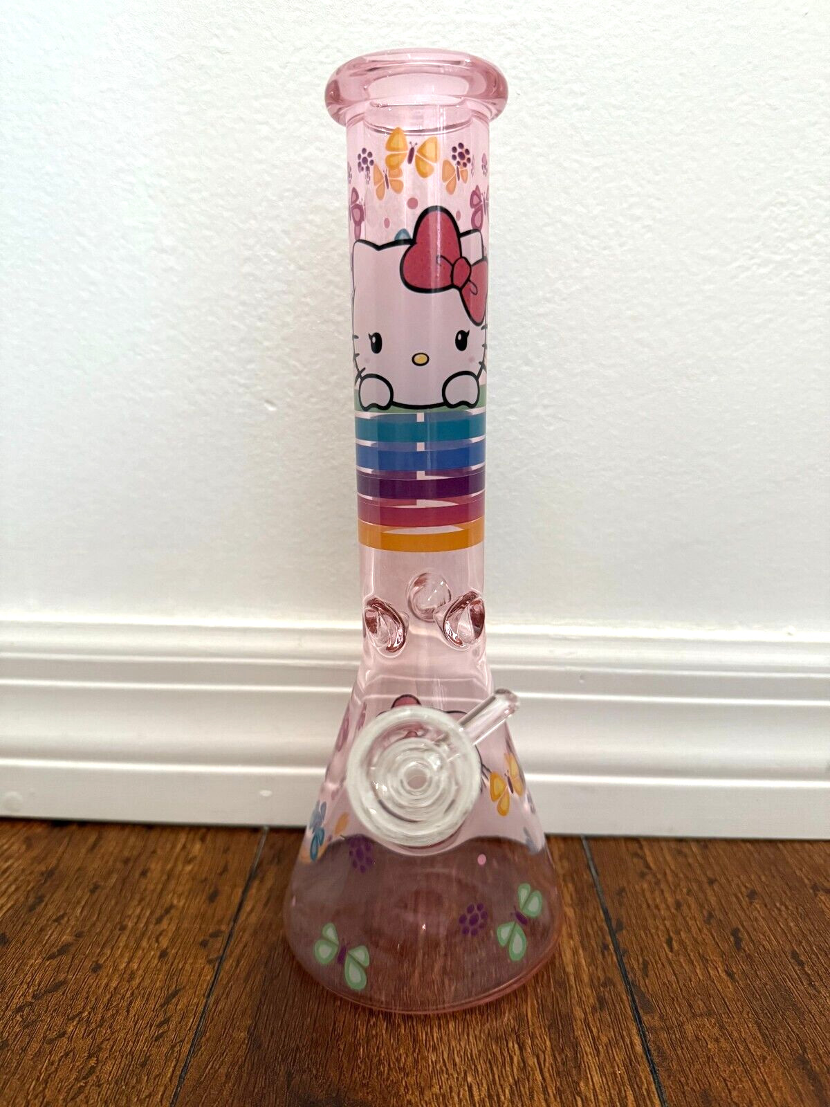 10″ Premium Glass Water Pipe Beaker Bottom Pink Hello Kitty Rainbow 14mm