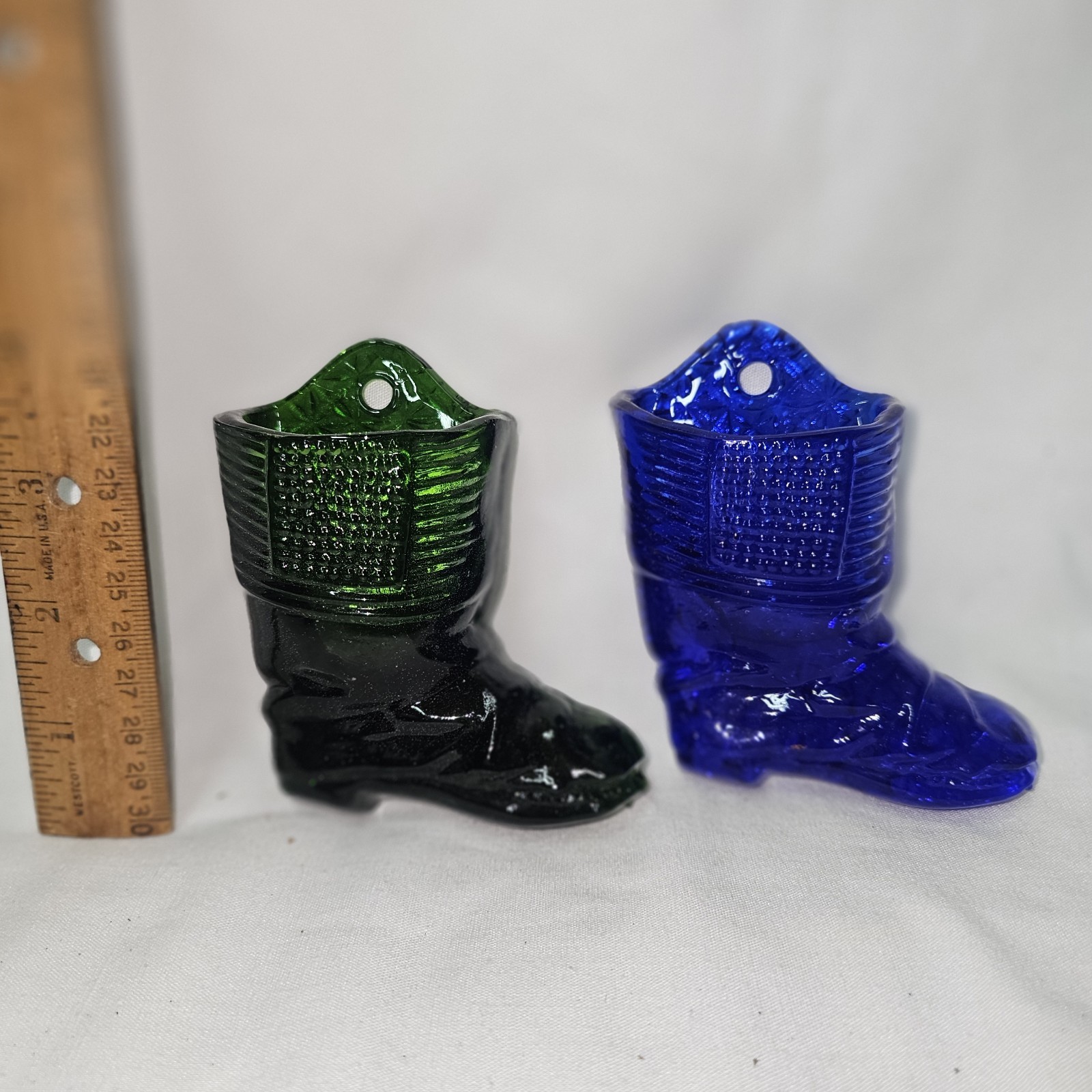 Set Of 2 Vintage Style Match Holders. Blue And Green Boot Glass w/striker. T-175