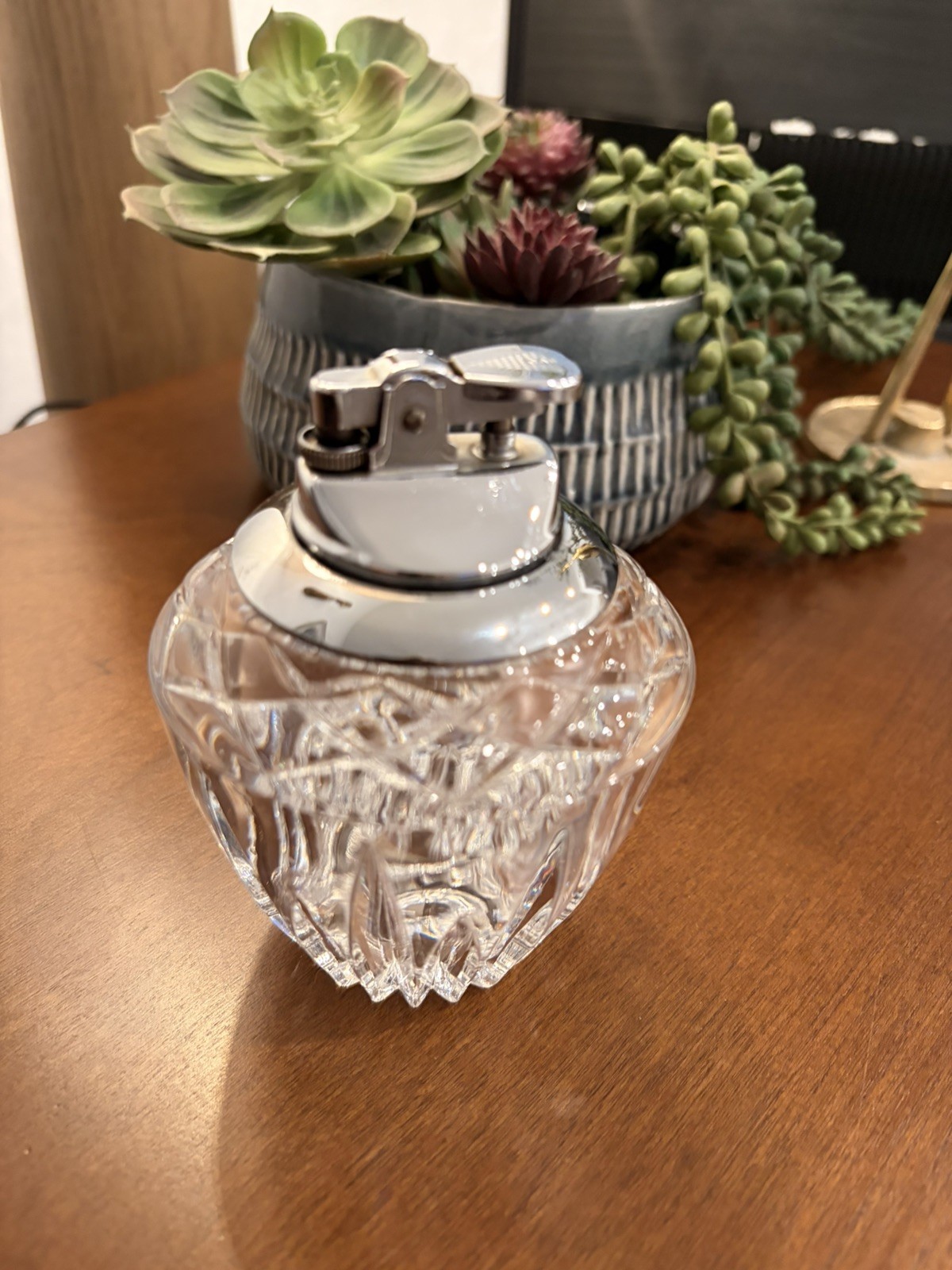 Vintage Heavy Crystal Chrome Butane Table Lighter approx. 3 1/4″ x 4 1/2″ Japan