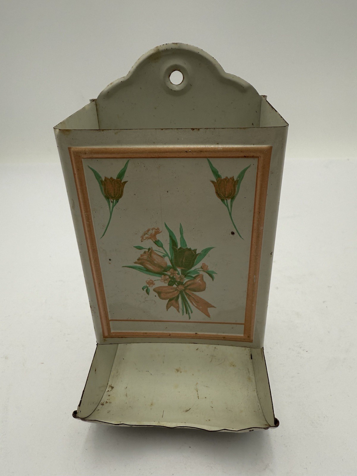 Vintage Tin Match Safe Box Holder Fireplace Kitchen Decor Flower L16