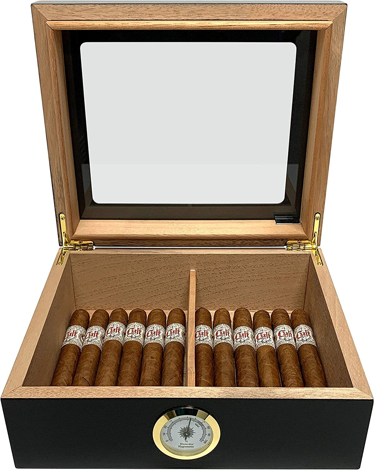 Desktop Humidor, Capri, Tempered Glasstop, Spanish Cedar, 25 to 50 Cigars Black