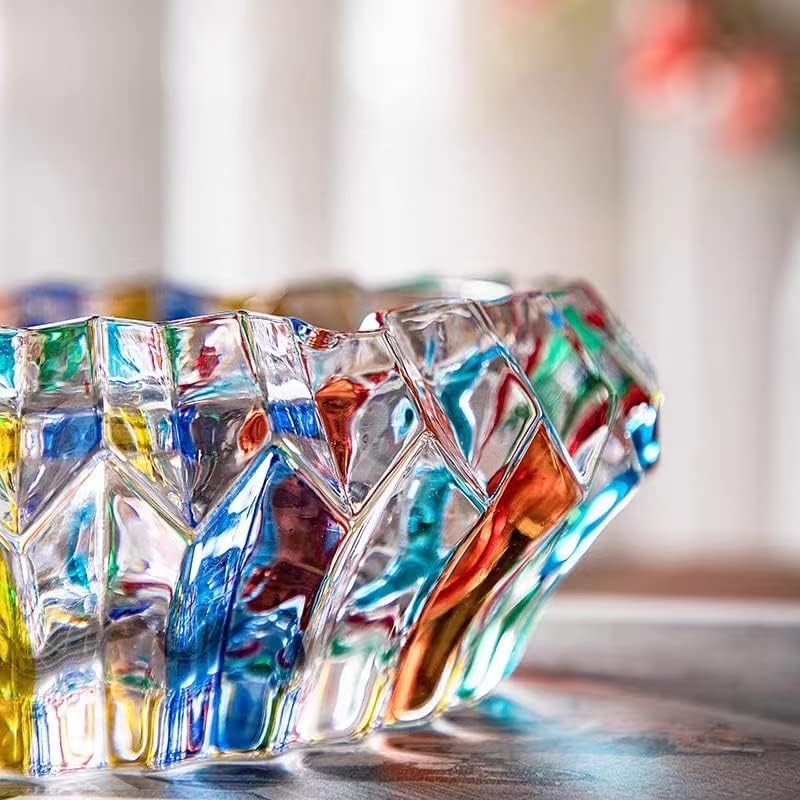 Colorful Vintage Cigar Ashtray Cut Crystal Glass Tobacciana Heavy Cut Art Round