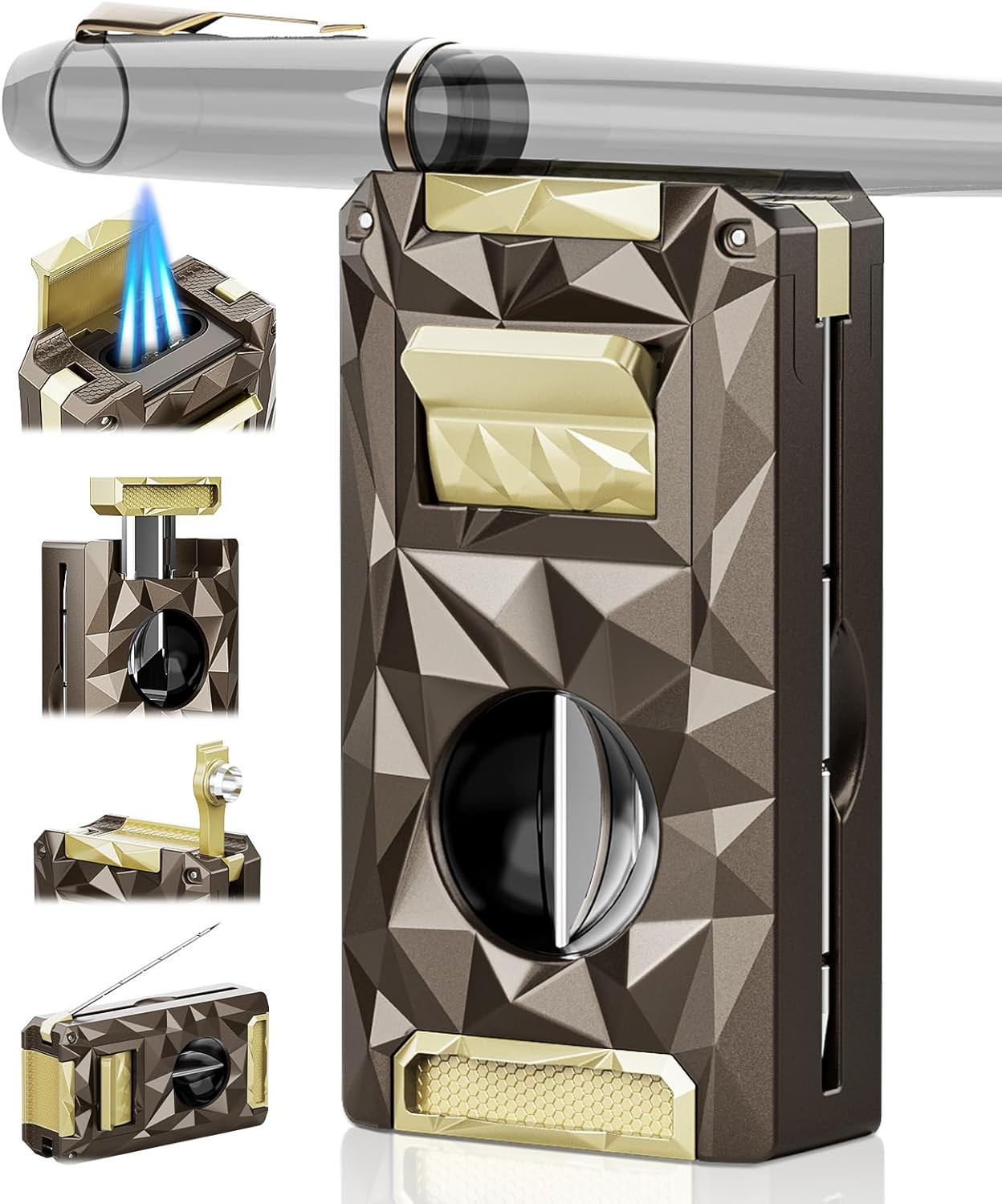 5-In-1 Windproof Lighter with Punch, Draw Enhancer, Holder, Triple Jet Flames an