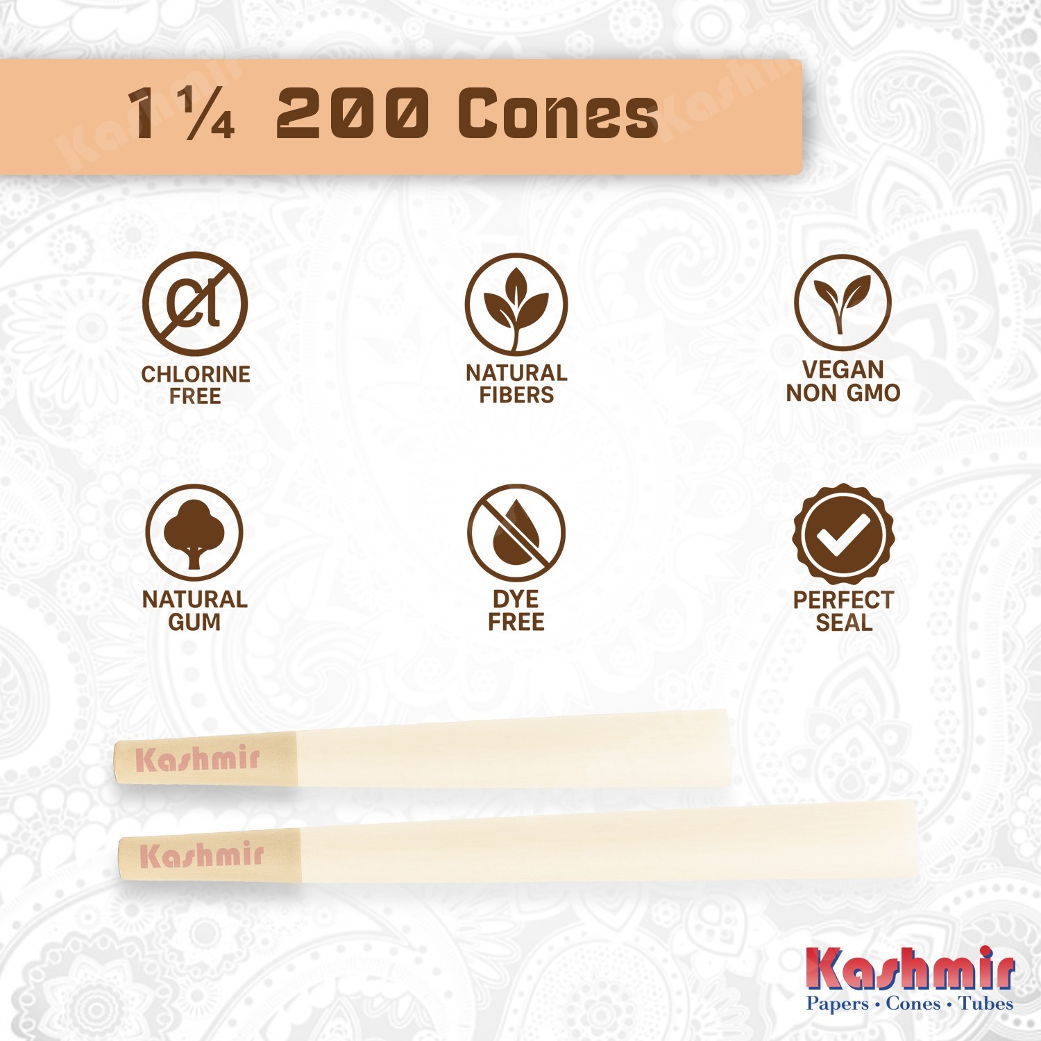 Kashmir Pre Rolled Cones 1 1/4 Size Smooth Organic Rolling Papers Cones – 200 Ct