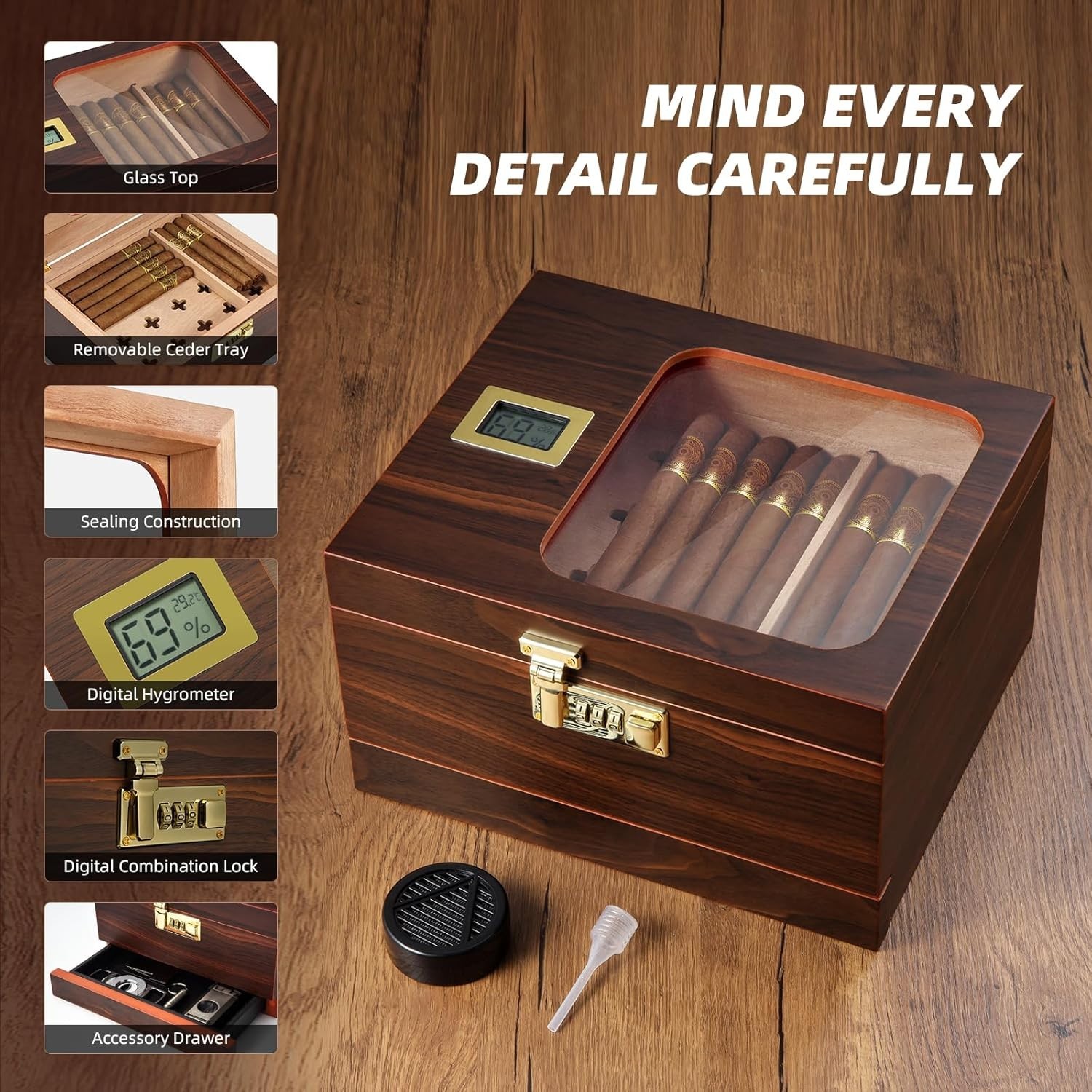 Cigar Humidor, Handcrafted Cedar Cigar Box, Glass Top Desktop Humidor with Digit