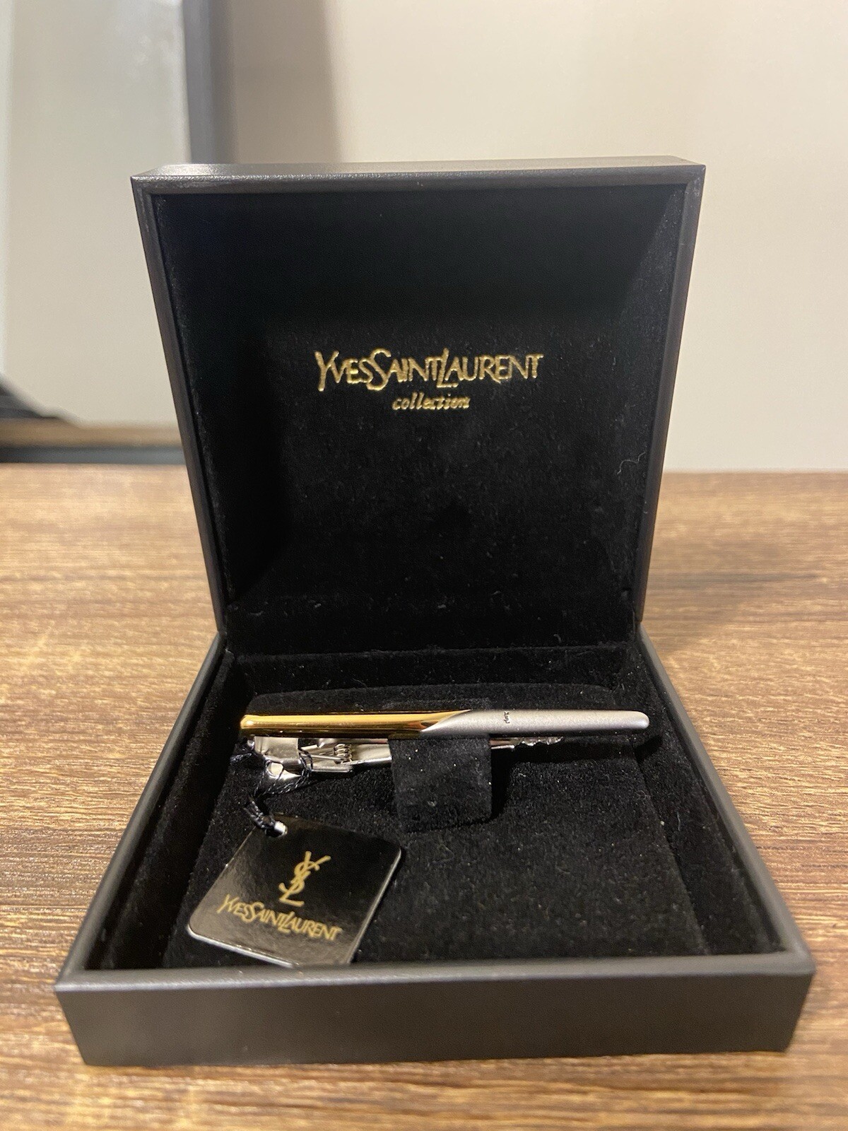 YSL Black Saffiano Leather Cigarette Case Pouch + Tie Bar Set, Good / New Cond.