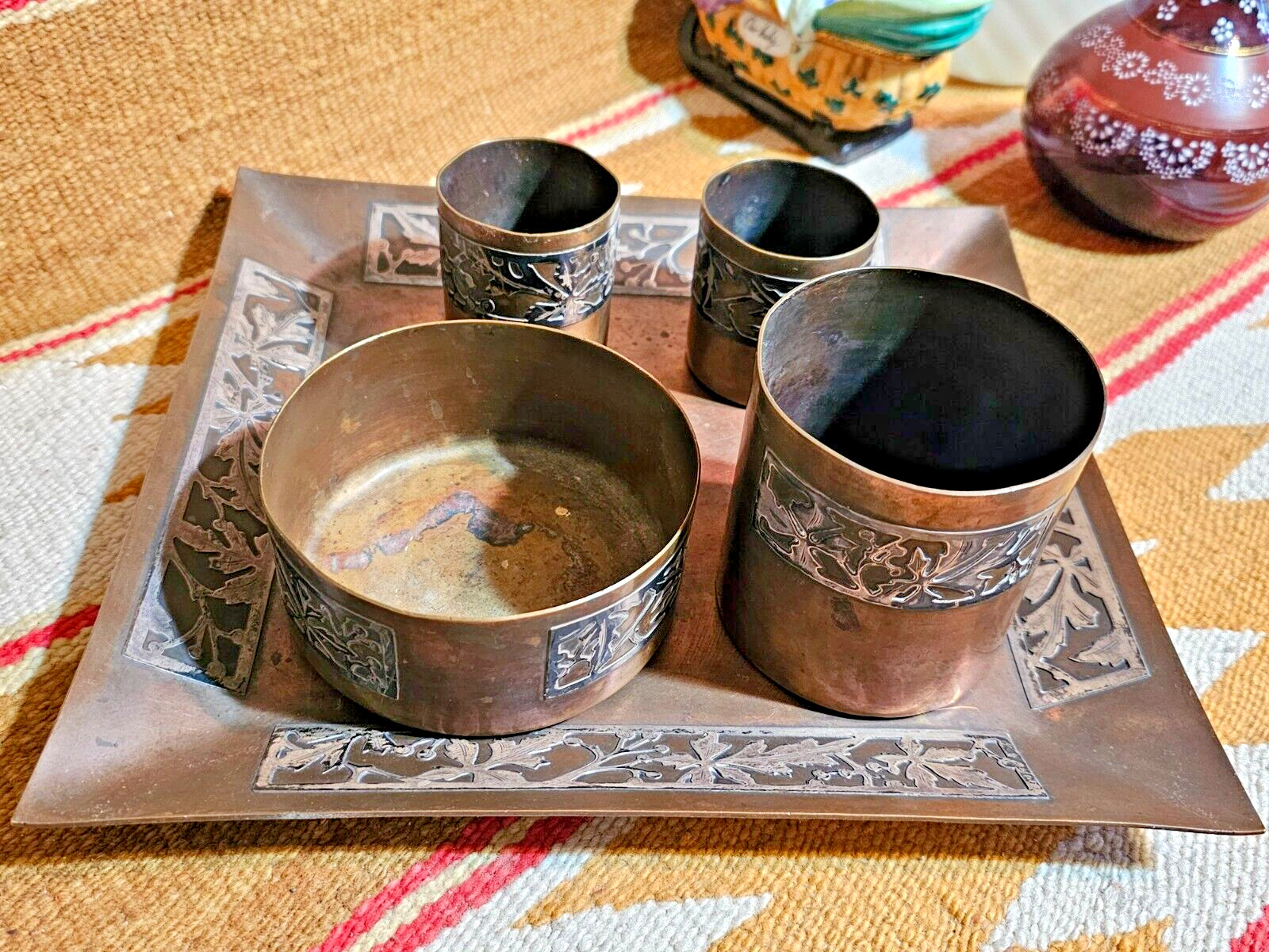 FANTASTIC 1900s Arts & Crafts 5pc Smoking Set Sterling Silver On Bronze Heintz ?