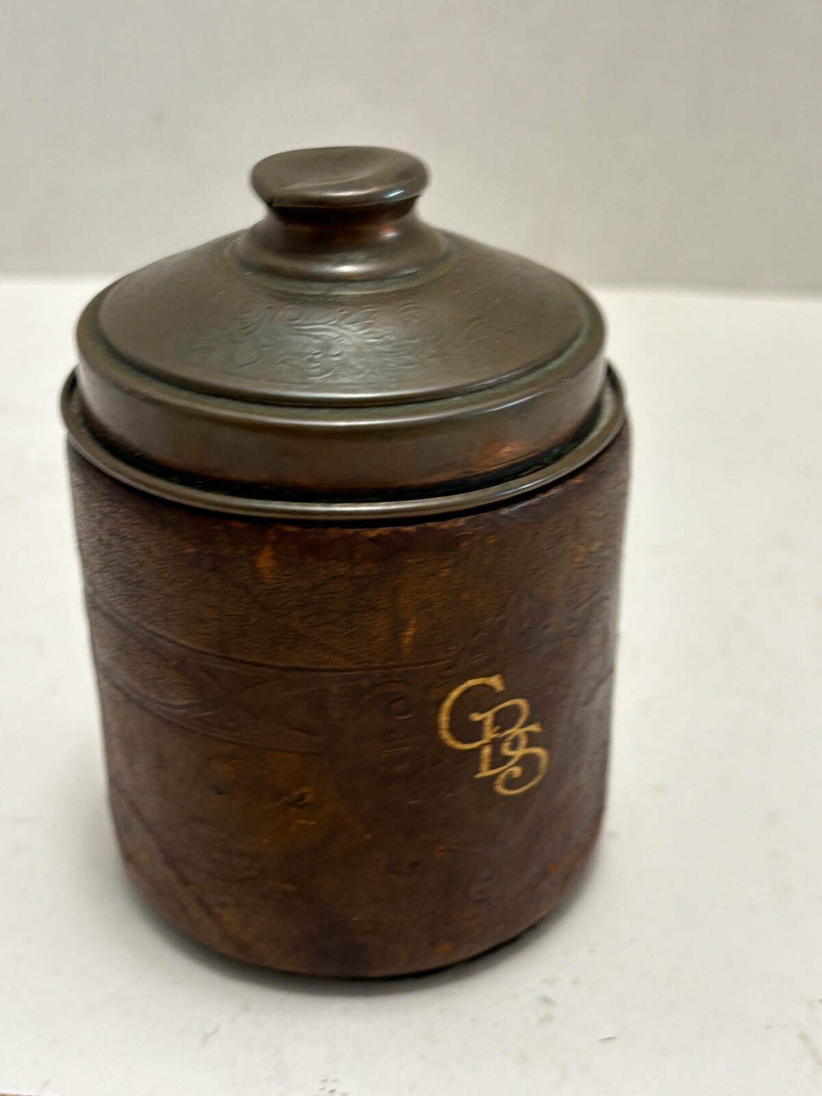 VTG Leather Tobacco Jar Copper Lid “CBS” Monogram Humidor Remembrance Advert’g