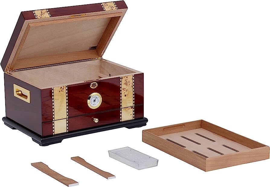 Solana Desktop Cigar Humidor, Rosewood W/ Maple-Burled Wood Inlay, Spanish Cedar