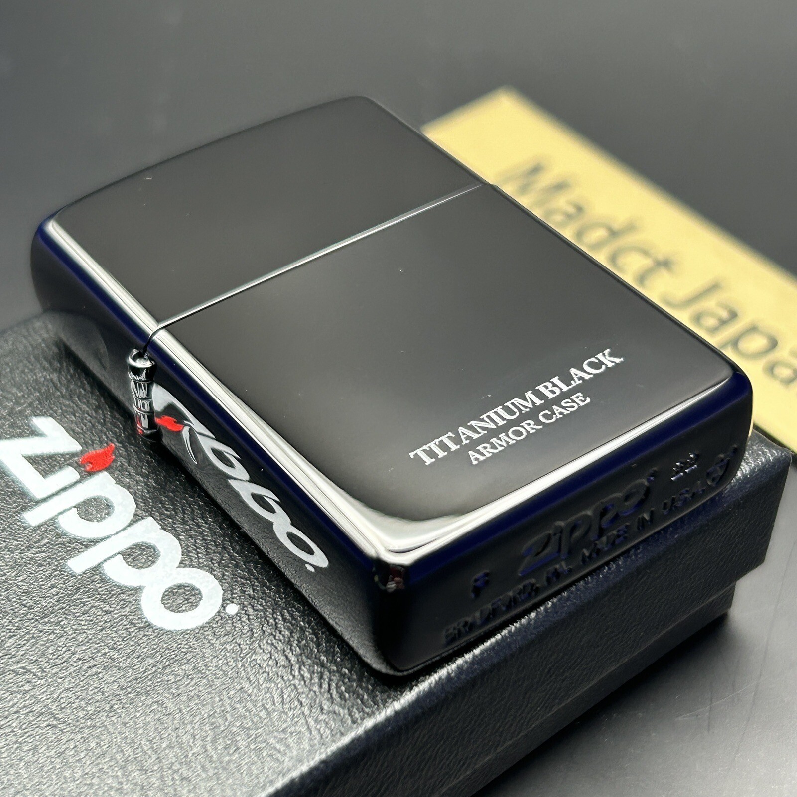 Zippo Armor Case Titanium Black Side Logo Oil Lighter Etching Brass Japan New