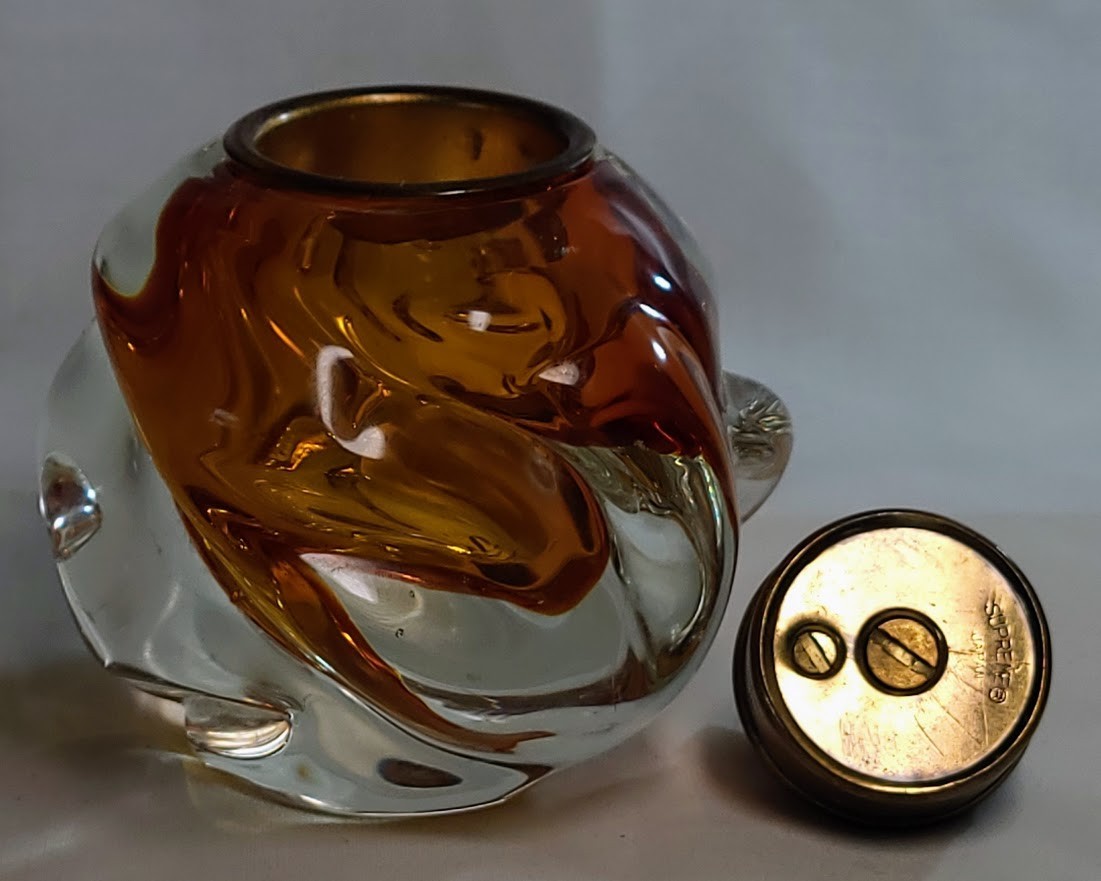 Murano Sommerso Amber Clear Glass Swirl Table Lighter and Ashtray Matching Set