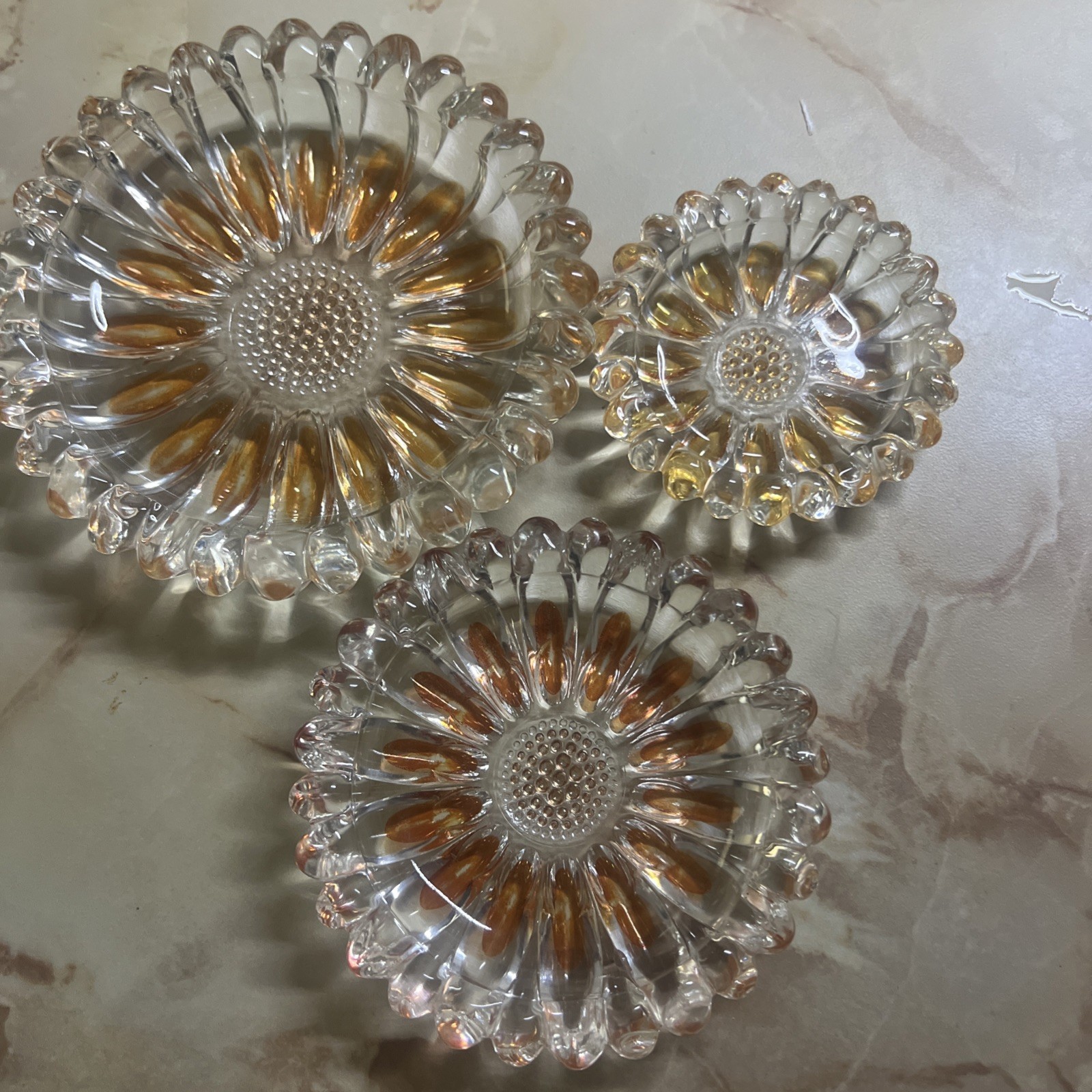 Hazel Atlas Daisy Sunflower Amber Glass Ashtray Trinket Tray Set Of 3 Vintage