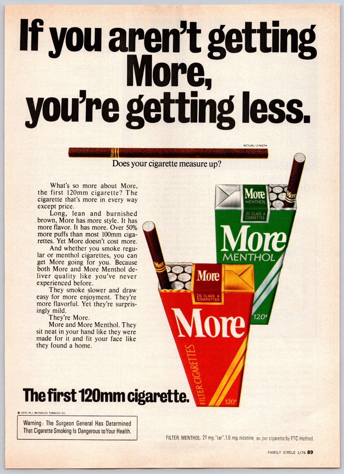 1976 PRINT AD More Filter Cigarettes The first 120mm cigarette If you aren’t get