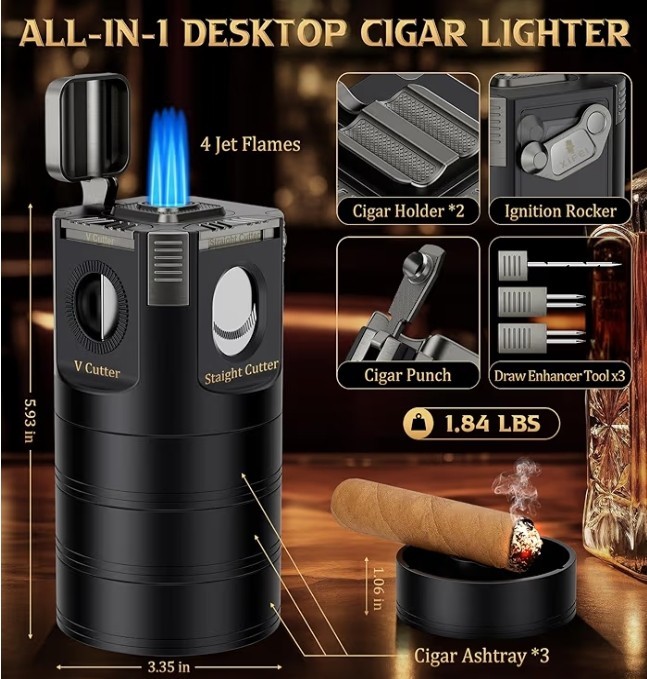 LUXURY 8-in-1 Desktop Cigar Lighter Straight V-Cut 3 Ashtrays WE SHIP OVERSEAS