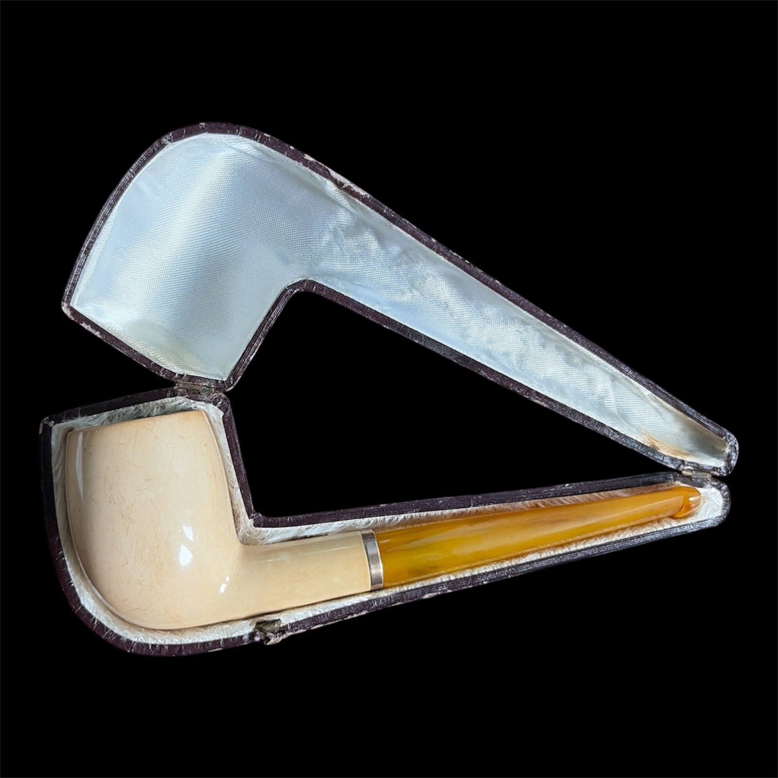 Vintage Block Meerschaum Straight Smooth Billiard Pipe, Hard Case