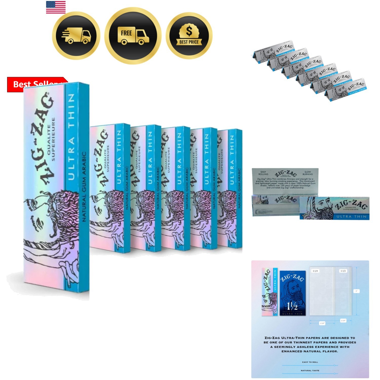 Rolling Papers 1 ¼ Ultra-Thin 6 Booklets – 32 Sheets Each – Slow Burning Roll…