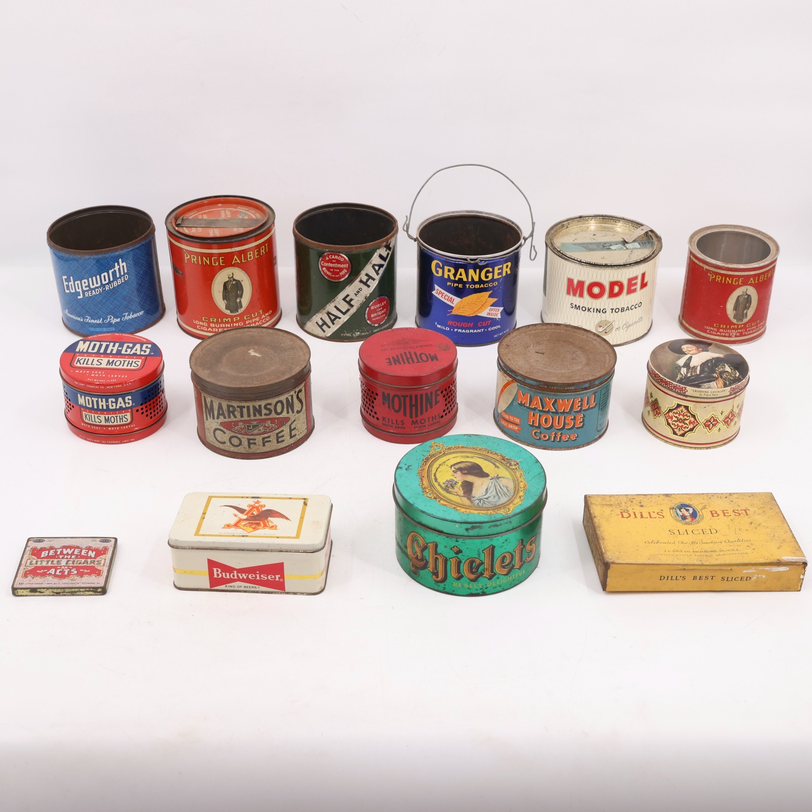 Lot of 14 Vintage Advertising Tins Tobacco Coffee Chiclets Prince Albert Granger