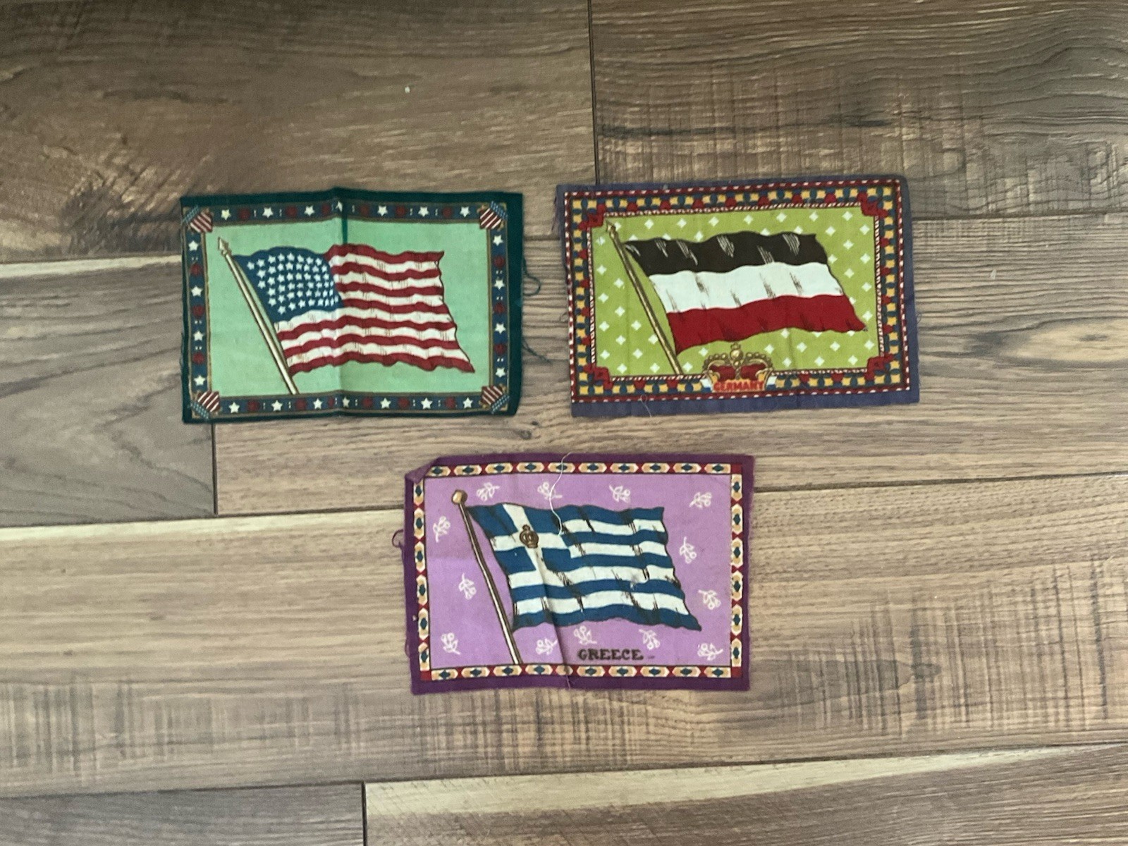 Three Tobacco 8″x 5” Felt Flags Germany,Greece,United States.