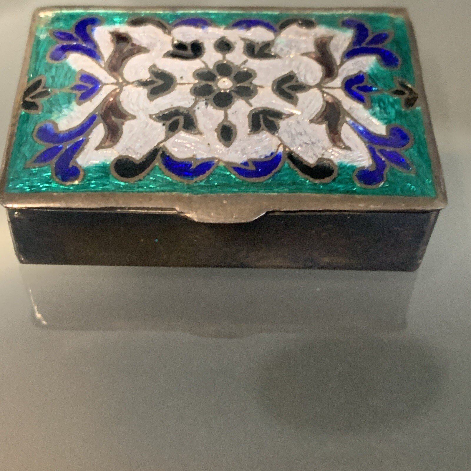 Vintage Silver & Blue And Green Hand Painted Enamel Snuff / Trickle Box Rare