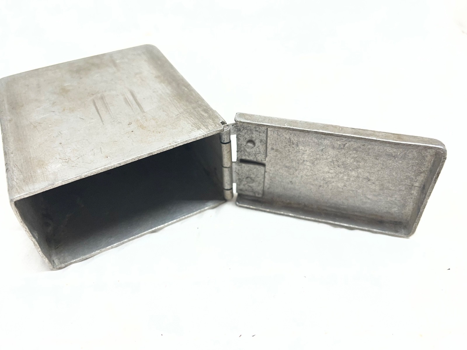 Antique aluminum hinged box – Vintage Cigarette case Match Safe? Military?