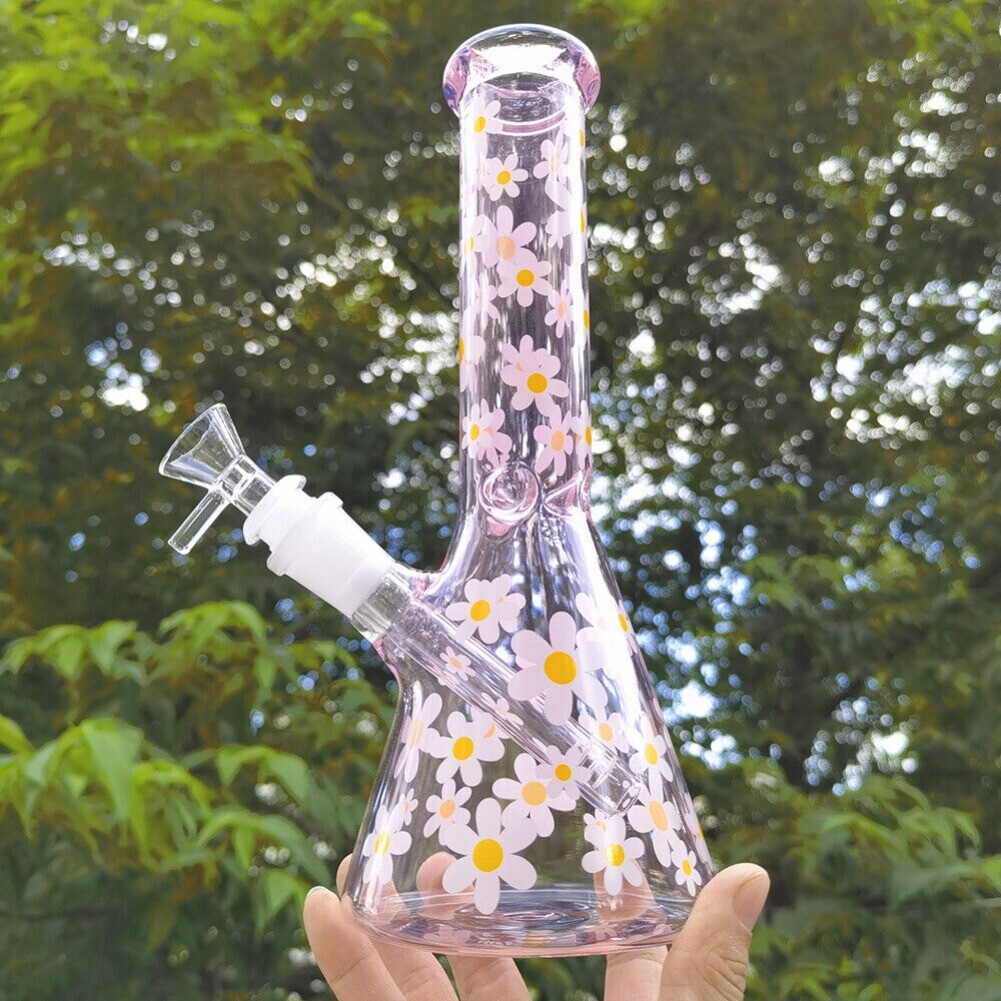 1X 10” Smoking Hookah Handcraft Pink Daisy Glass Bong Water Pipe +Glass Bowl US