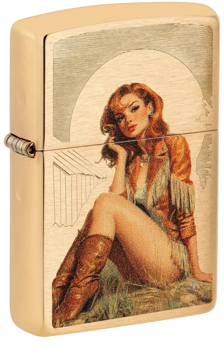 Zippo Western Pinup cowgirl Design Brushed Brass Color Image 46962