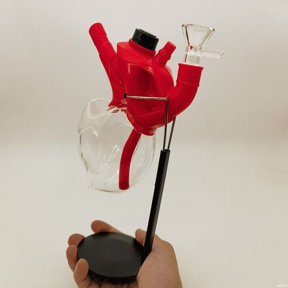 6″ Human Heart Water Smoking Pipe Glass Bong Silicone Hookah W/ Long Pipe