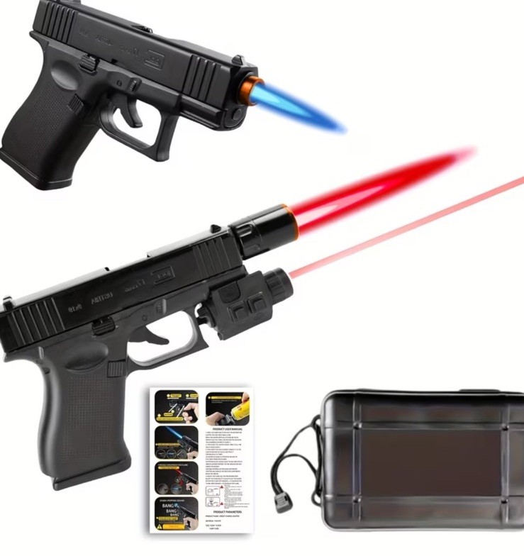 Gun-Shaped Butane Lighter with High-Temperature Ceramic Nozzle, Black Orange ￼
