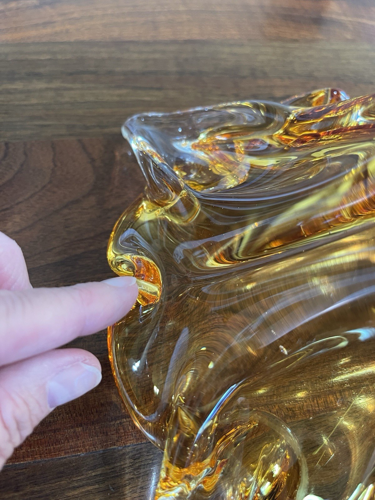 Vintage Chalet Amber & Clear Glass Ruffled Flower Ashtray 10″ Long x 4″ Tall