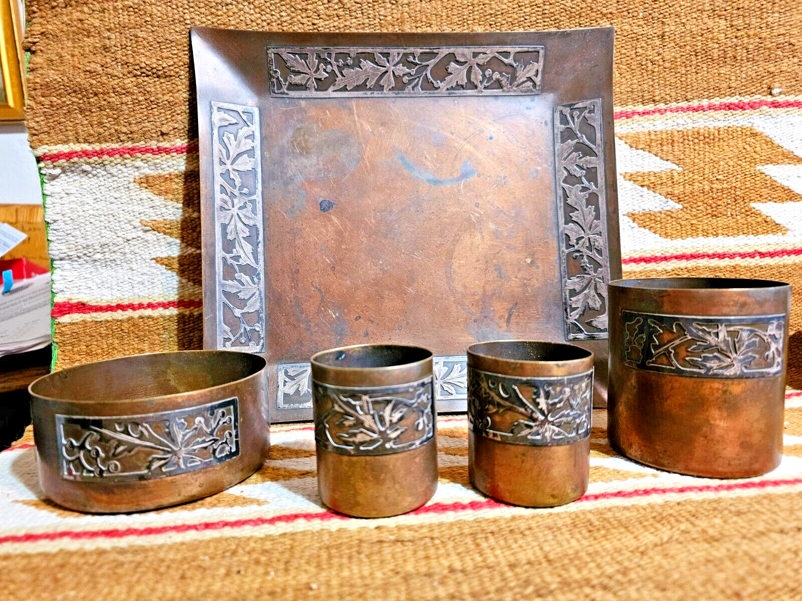 FANTASTIC 1900s Arts & Crafts 5pc Smoking Set Sterling Silver On Bronze Heintz ?