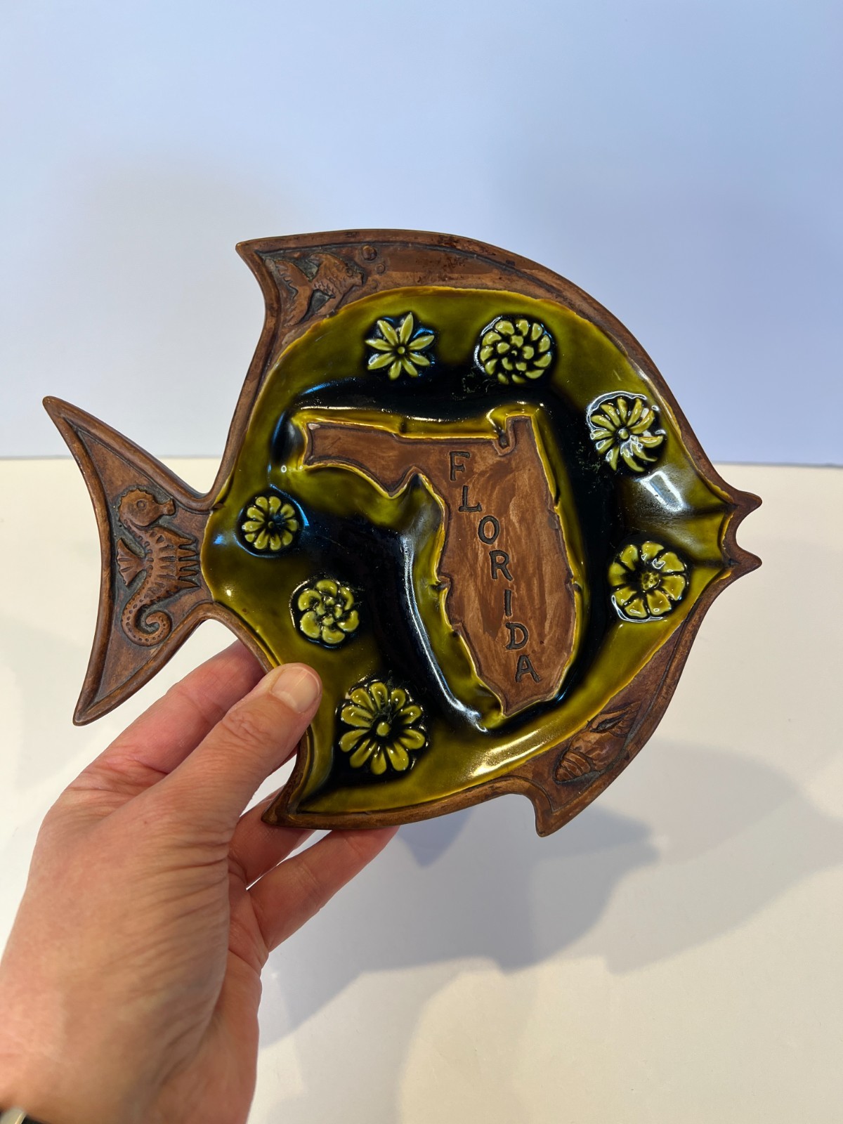 1962 Treasure Craft Ceramic Green Glaze Fish Trinket Dish Ashtray Florida Vtg