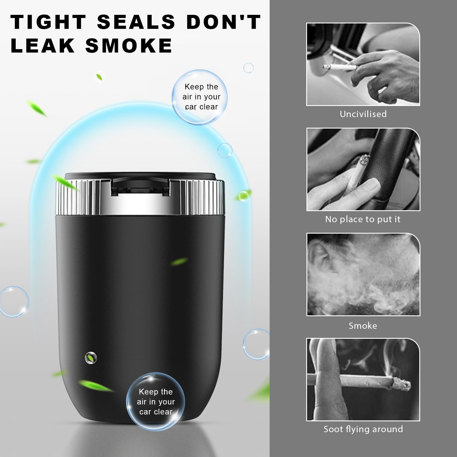 Car ashtray, detachable, stainless steel, smokeless with blue LED light