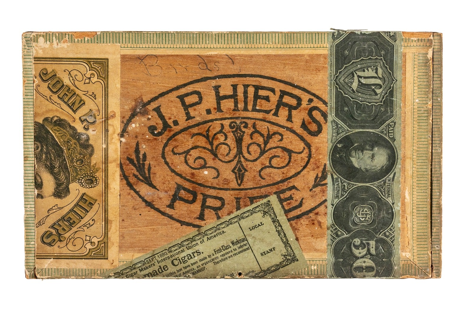 Scarce 1890s J.P. Hier’s “Pride” cedar 50 cigar box is in good condition