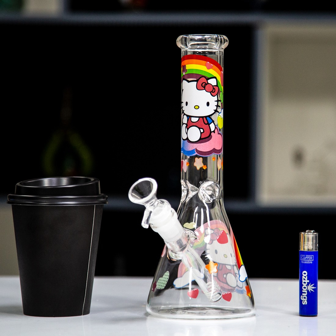 10″ Glass Bong Kitty Rainbow Cute Thick Smoking Beaker Water Pipe w/Ice Catcher
