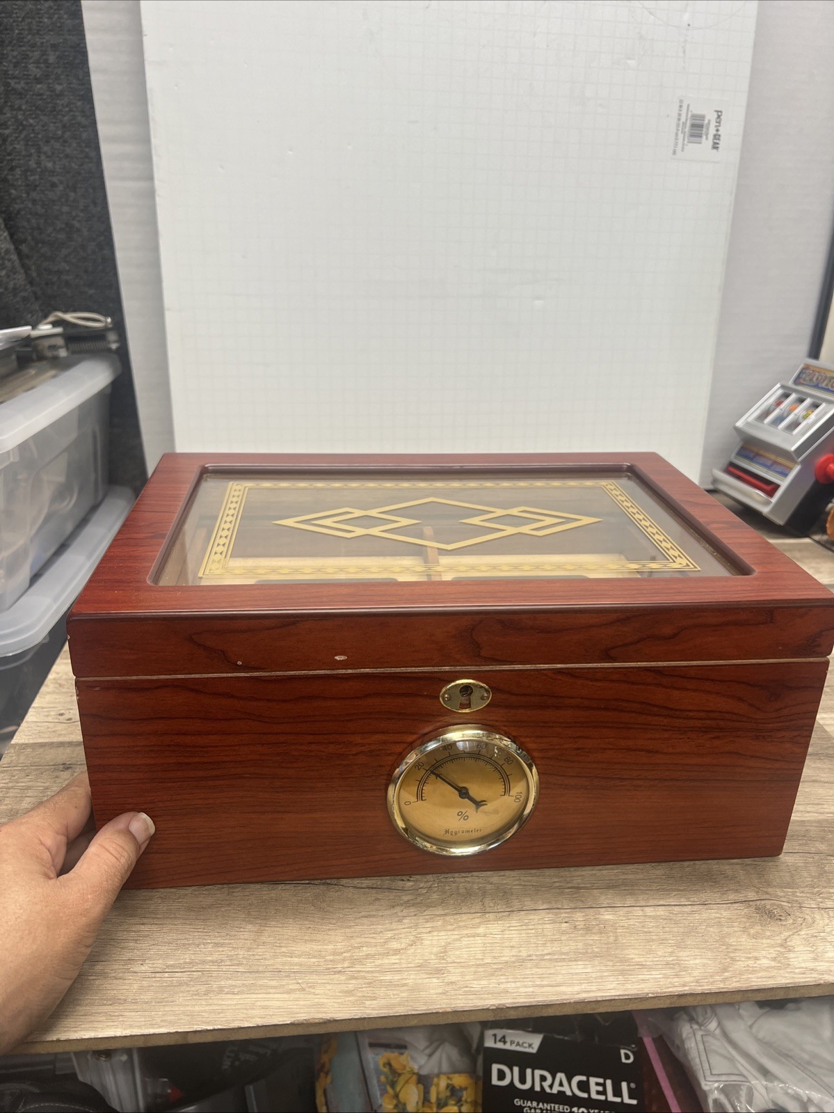 Bally II Cigar Humidor Wood Box, Beveled Glass Top, External Analog Hygrometer