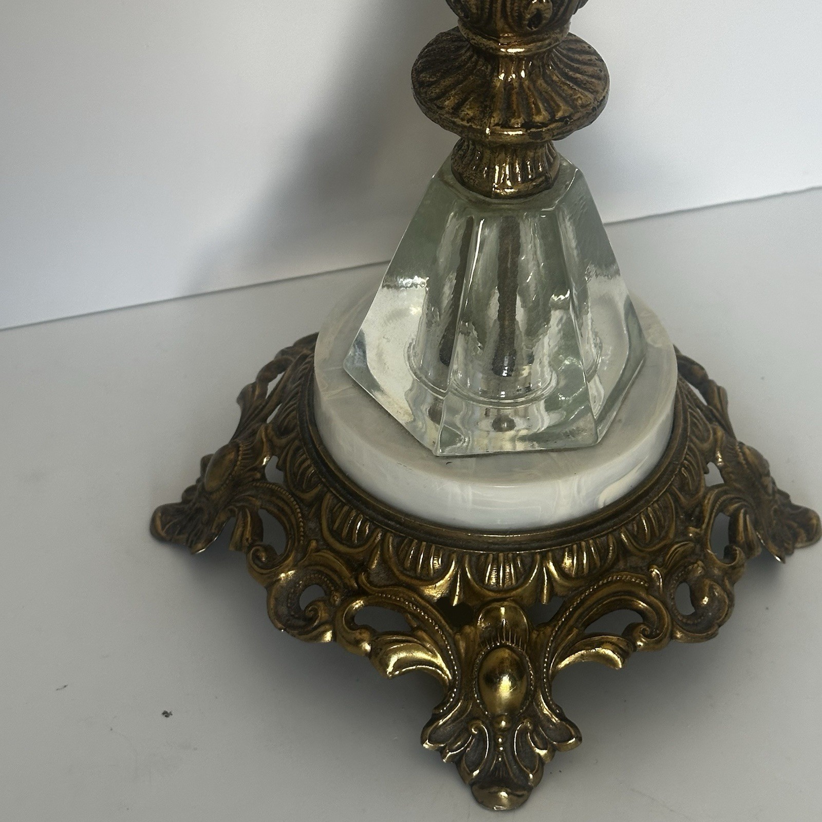 Vintage Cut Glass Standing Ashtray Brass Marble Regency Glam Nice Patina EUC