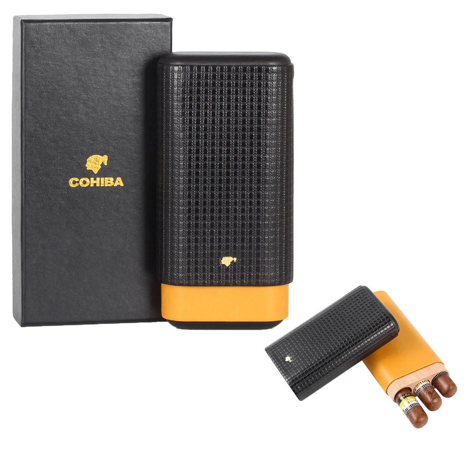 Leather Cedar Wood Cigar Case Portable Humidor 3 Cigars Tubes Yellow Box Gift