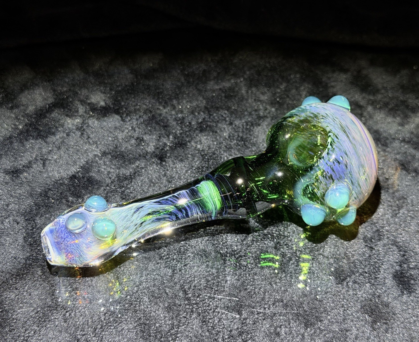 Glass spoon pipe in green blue and purple swirl with opalescent accents