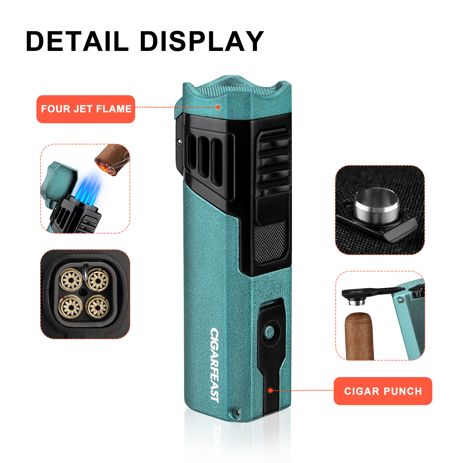 Quad 4 Jet Flame Torch Lighter Refillable Butane Cigar Lighter with Punch Stand