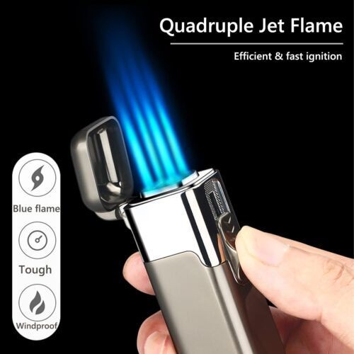 Torch Lighter Quad 4 Jet Blue Flame Refillable Butane Cigar Lighter with Punch
