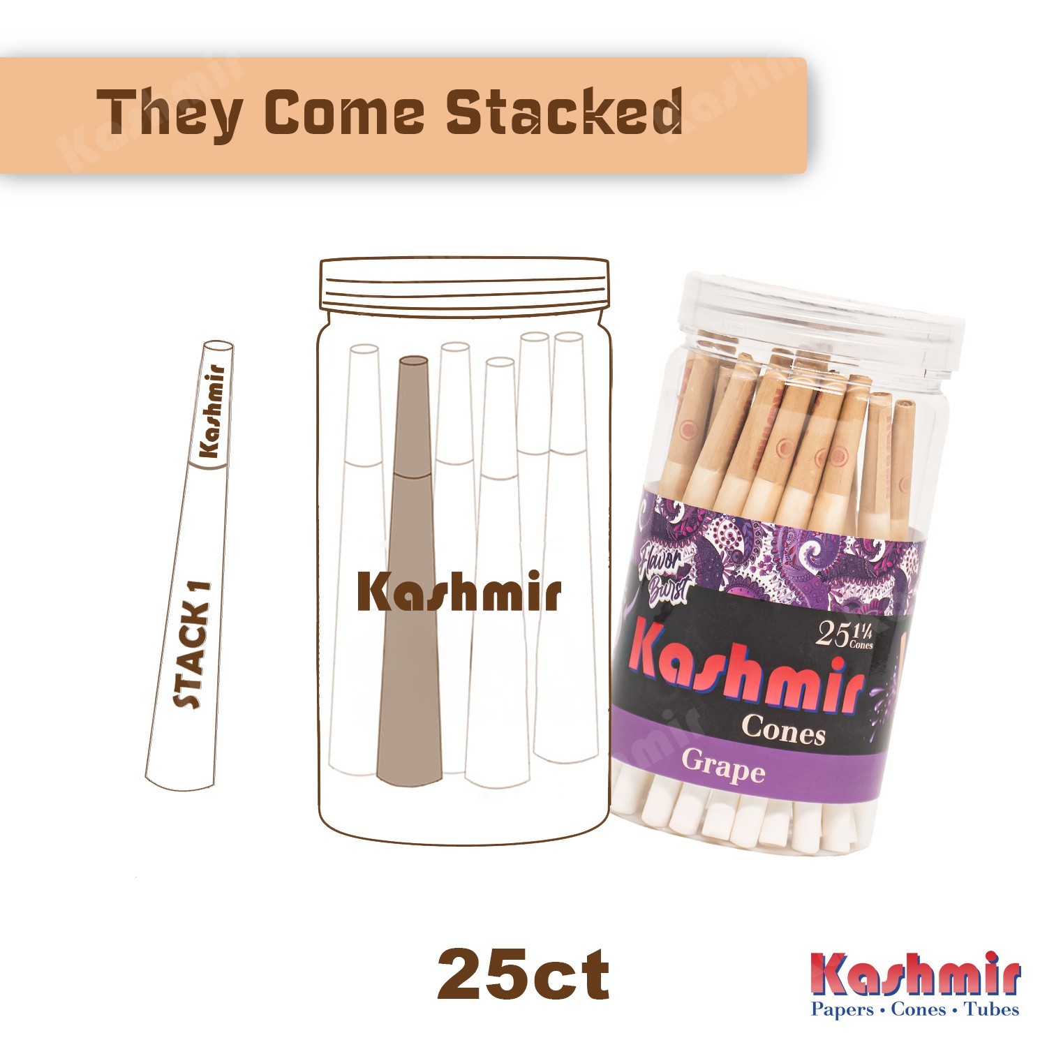 Kashmir Pre Rolled Cones Flavored 1 1/4 Grape Rolling Papers Cone 25 Count Jar