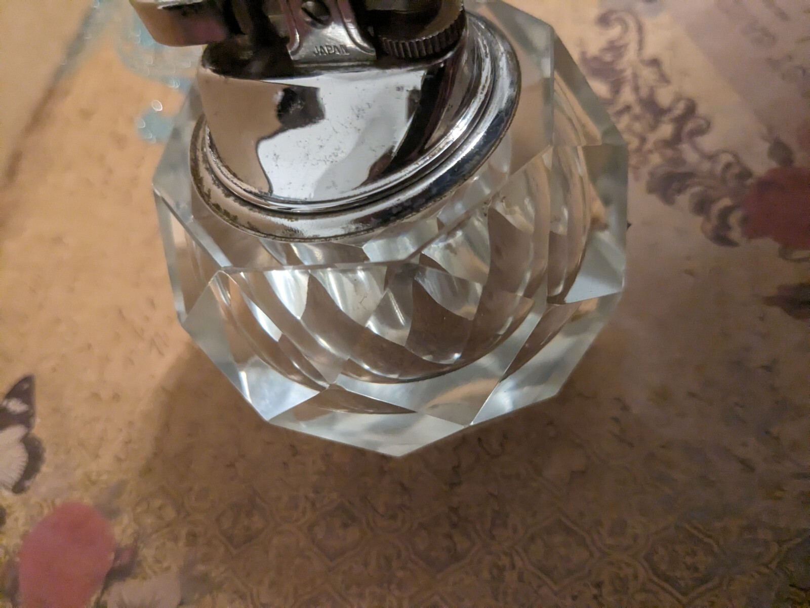 Vintage MCM Faceted Gas Lighter Art Deco Hand Carved Glass Chrome Japan 1970