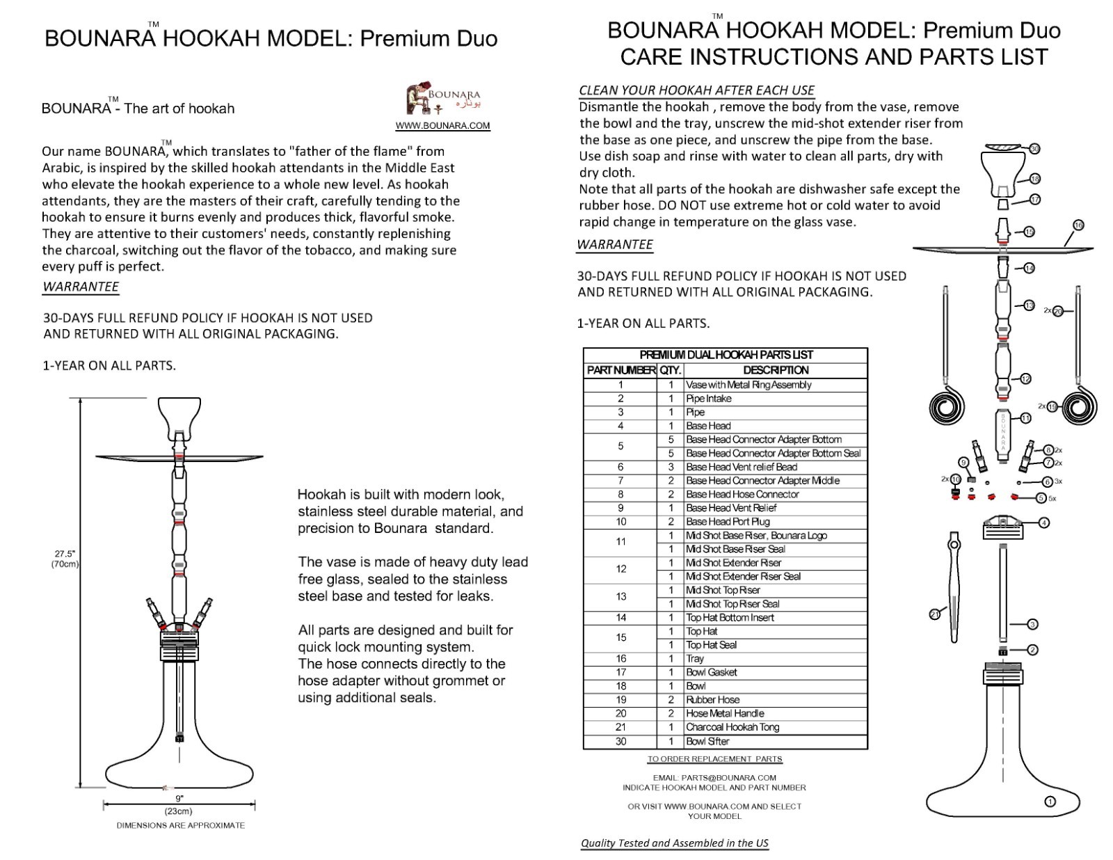 Hookah Shisha Heavy Duty Stainless Steel Complete Set, shared two hoses 24″ tall
