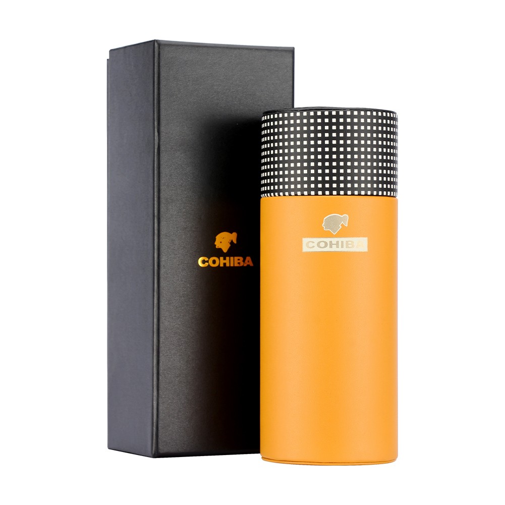 Travel Humidor Cigar Case Holder 3 Torch Jet Flame Butane Cigar Lighter Yellow