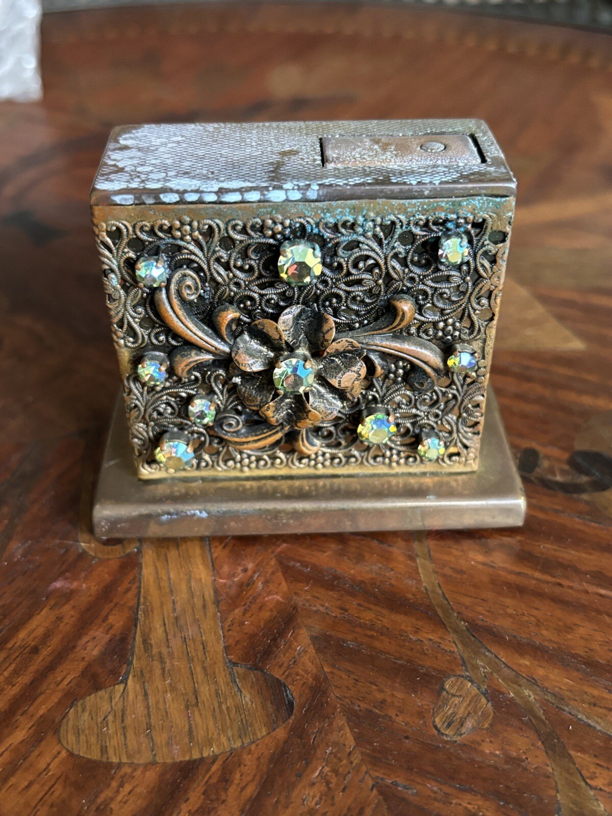 Vintage Augusta Lift-O-Lite Table Lighter Floral Rhinestones West Germany