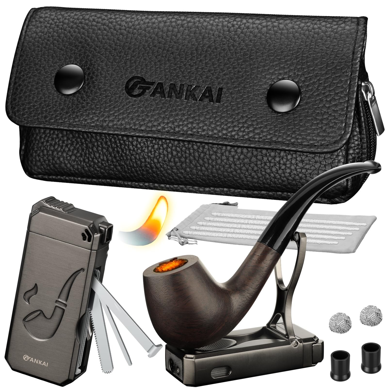 Pipe Set, Lighter, Pouch, Wood with 2 Filter Balls,2 Black
